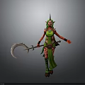 Fantasy Female Elf Character With Green Skin And Scythe Weapon