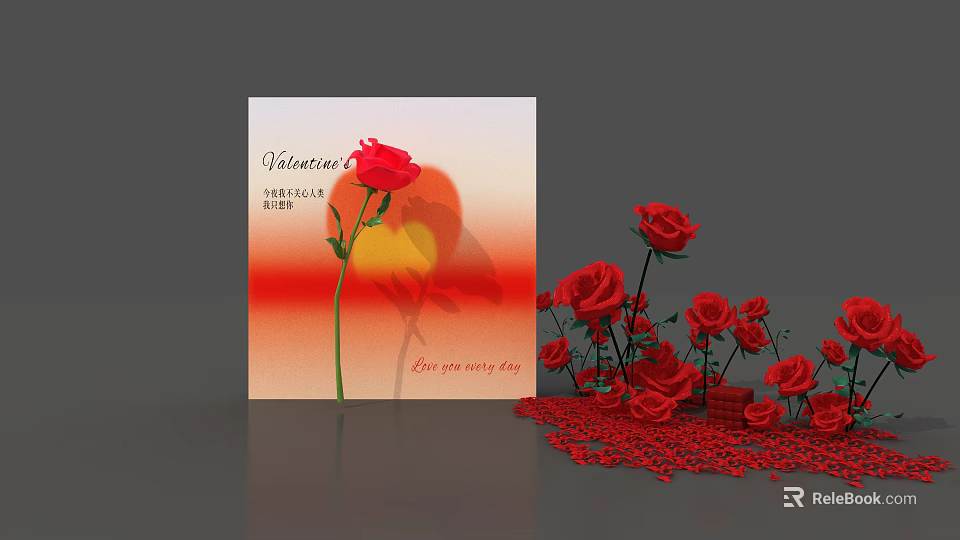 Valentine's Day Celebration With Red Roses Sunset Card And Rose Petals 3d model 