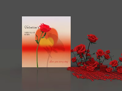 Valentine's Day Celebration With Red Roses Sunset Card And Rose Petals 3d model