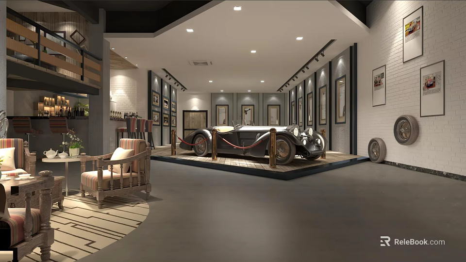 Vintage Car Showroom Interior Featuring Classic Vehicle Display Decorative Walls And Seating Area 3d model 