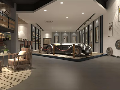 Vintage Car Showroom Interior Featuring Classic Vehicle Display Decorative Walls And Seating Area 3d model