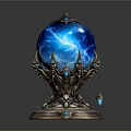 Blue Enchanted Crystal Ball With Intricate Metallic Base Ornate Gemstones And Chains