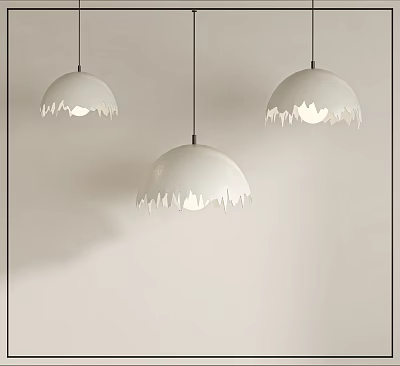 Three White Modern Pendant Lights With Scalloped Edges In Minimalist Interior Space 3d model