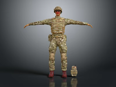 Game Movie Character In Camouflage Uniform With Helmet Tactical Gear Standing Pose And Side Pouch 3d model