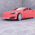 Pink Sedan Car With Open Doors Against Gray Brick Wall On Stone Floor