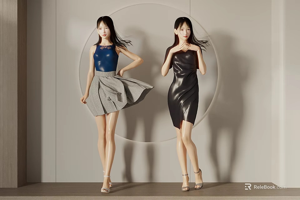 Two Women Modeling Blue Top Gray Skirt And Black Dress In Indoor Circular Background Setting 3d model 