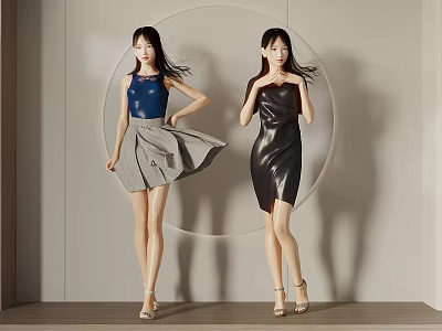 Two Women Modeling Blue Top Gray Skirt And Black Dress In Indoor Circular Background Setting 3d model