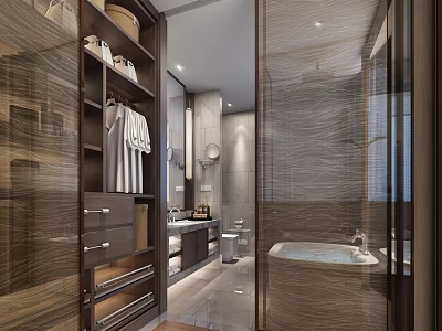 Luxury Modern Bathroom With Built In Wardrobe And Full Marble Tile Interior Decoration Layout 3d model