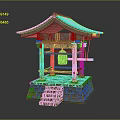 Cartoon Scene Of Japanese Style Wooden Pavilion With Tile Roof Steps And Copper Bell