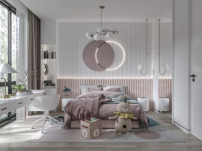 Cozy Kids Room With Pink Bedding Circular Decor Chandelier Desk And Teddy Bear 3d model