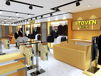 Stylish Clothing Store Interior With Displayed Apparel Clothing Racks And Checkout Counter 3d model