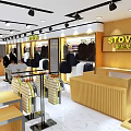 Stylish Clothing Store Interior With Displayed Apparel Clothing Racks And Checkout Counter