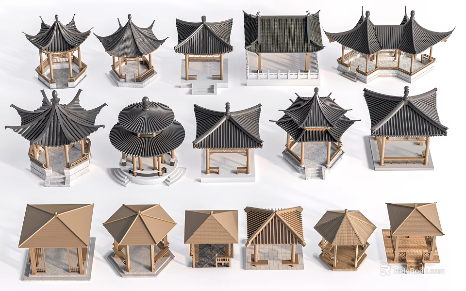 Chinese Traditional Pavilion Models With Various Styles And Wooden Roof Designs 3d model 
