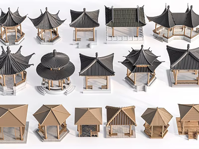 Chinese Traditional Pavilion Models With Various Styles And Wooden Roof Designs 3d model