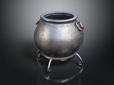 Metallic Cauldron With Three Legs And Brass Handles On Black Reflective Surface 3d model