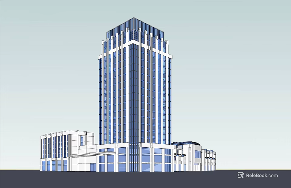 Modern High Rise Office Building With Glass Facade And Adjacent Structures 3d model