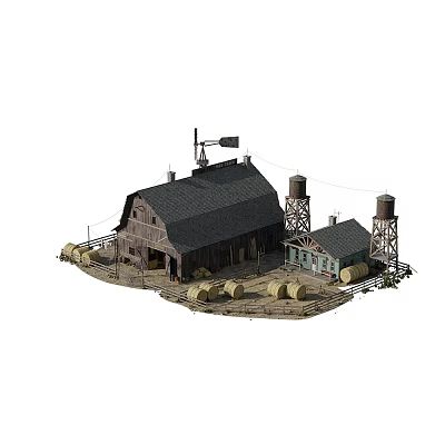 Traditional Industrial Warehouse With Wooden Structure Water Towers And Hay Bales 3d model