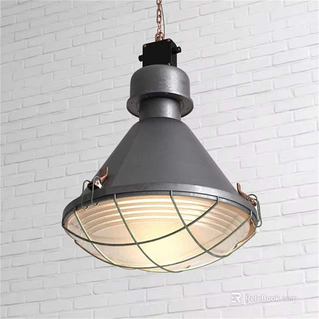 Gray Metal Pendant Light With Wire Mesh Shade Against White Brick Wall 3d model 