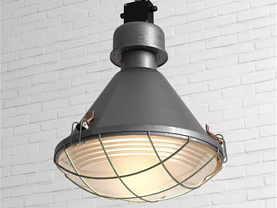 Gray Metal Pendant Light With Wire Mesh Shade Against White Brick Wall 3d model