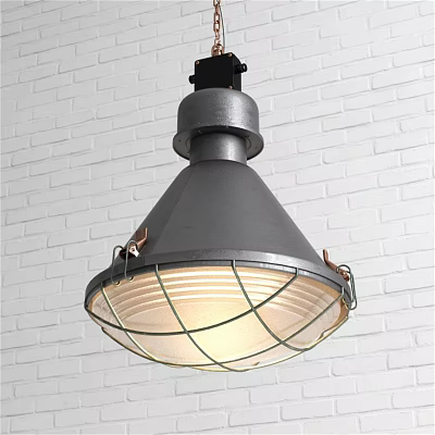 Gray Metal Pendant Light With Wire Mesh Shade Against White Brick Wall 3d model