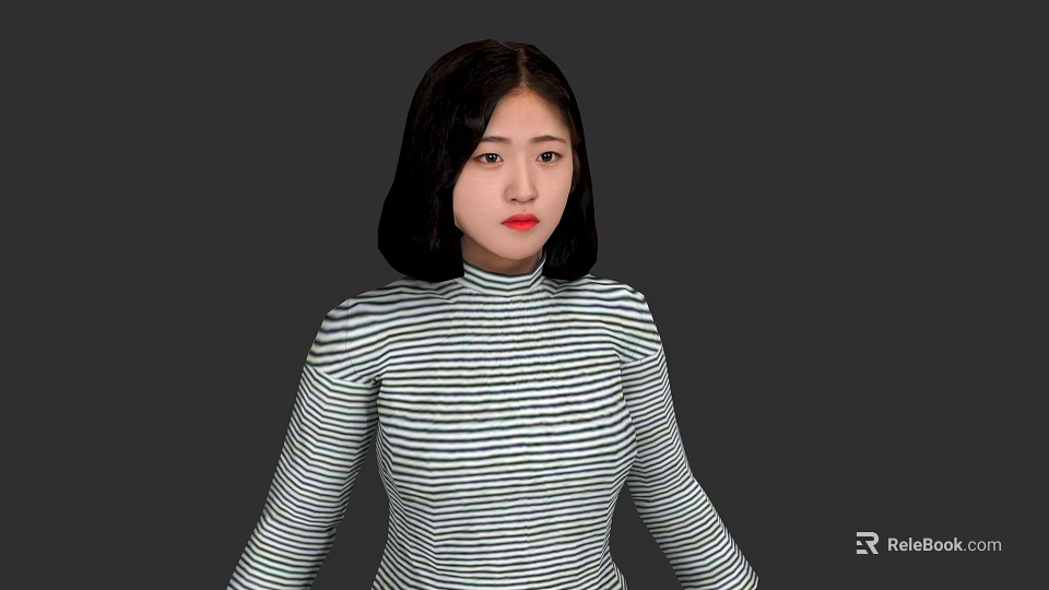 Woman With Black Short Hair Wearing Striped Turtleneck Sweater Against Dark Background 3d model 