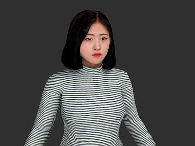 Woman With Black Short Hair Wearing Striped Turtleneck Sweater Against Dark Background 3d model