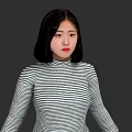 Woman With Black Short Hair Wearing Striped Turtleneck Sweater Against Dark Background