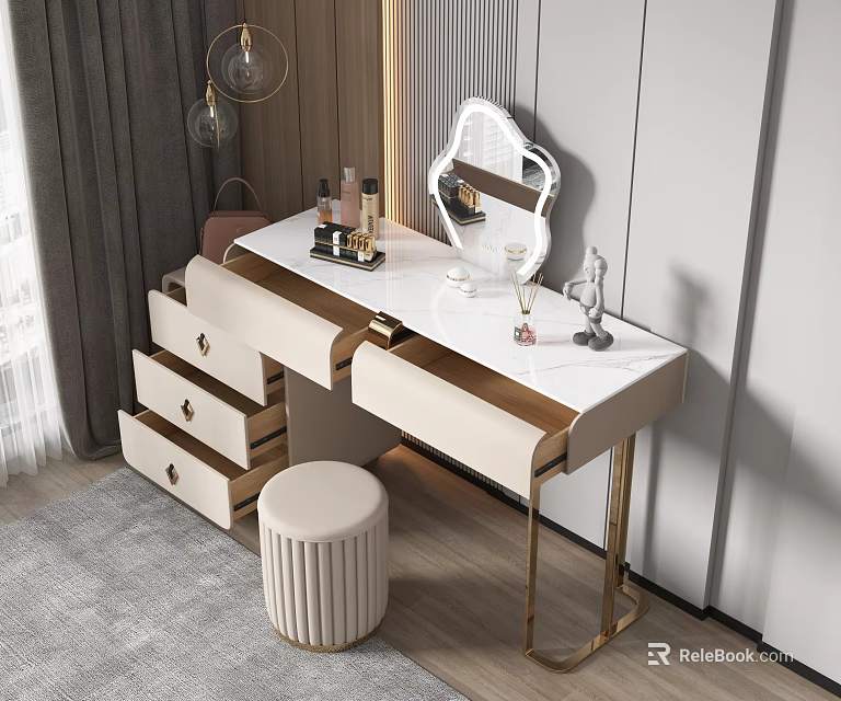 Elegant Modern Dressing Table With Marble Top Gold Frame Mirror Drawers And Stool 3d model 