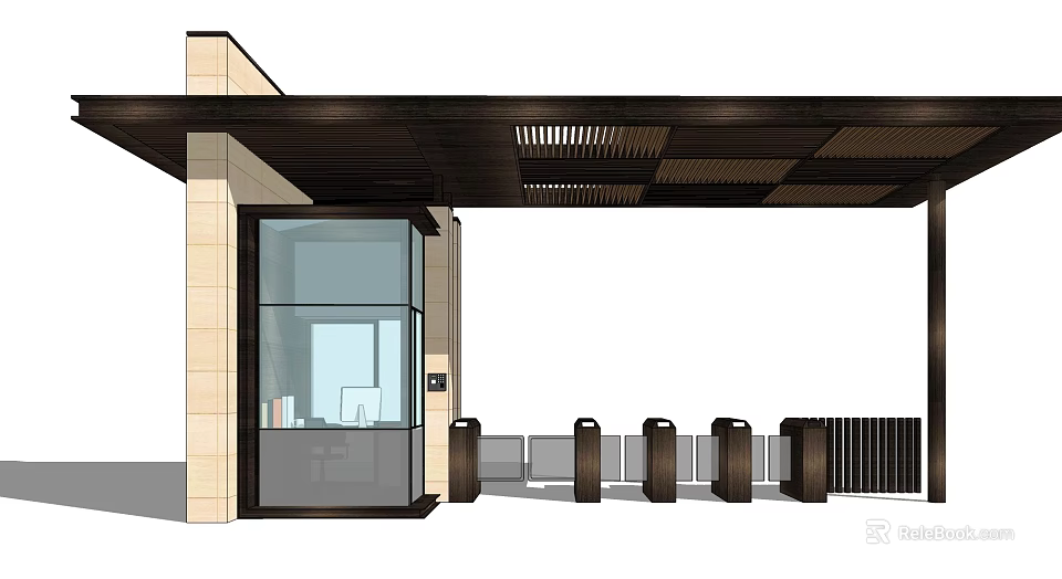 Modern Entrance Gate With Glass Door Stone Pillars And Canopy Roof 3d model 