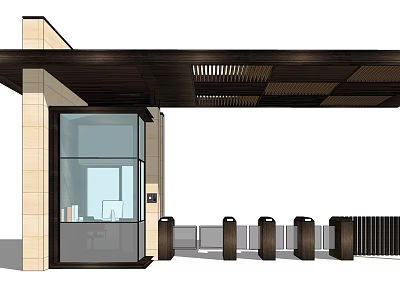 Modern Entrance Gate With Glass Door Stone Pillars And Canopy Roof 3d model