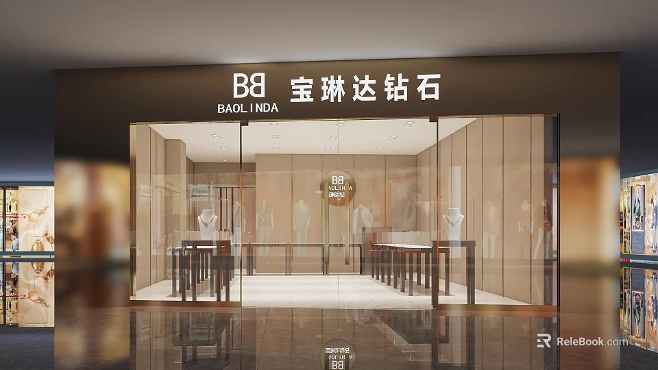 Baolinda Diamond Jewelry Store in Shopping Mall with Glass Facade and Display Counters 3d model 