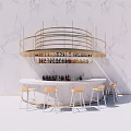 Stylish Bar Counter With Curved Gold Shelf Wine Bottles And Yellow Stools Against Marble Wall