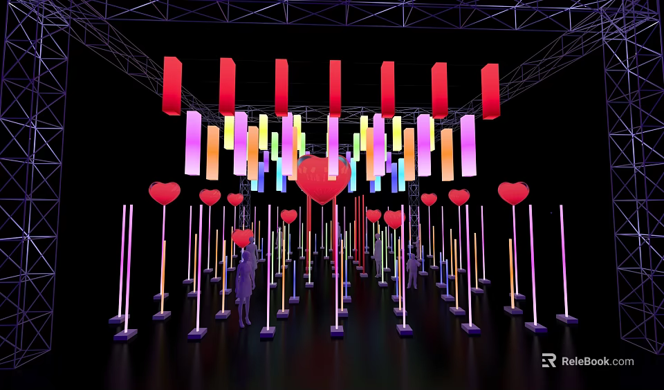 Colorful Lighting Installation With Heart Shaped Decorations And Vibrant Colored Lamps In Art Space 3d model 