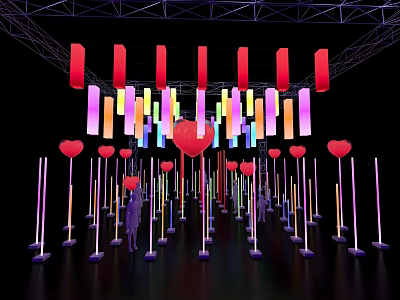 Colorful Lighting Installation With Heart Shaped Decorations And Vibrant Colored Lamps In Art Space 3d model