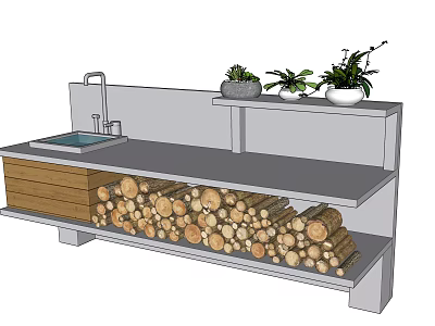 Modern Washbasin Design With Faucet Sink Firewood Storage And Potted Plants 3d model