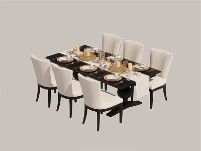 Modern Dining Table Set With Six White Chairs And Dinnerware Candles 3d model