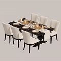 Modern Dining Table Set With Six White Chairs And Dinnerware Candles 3d model