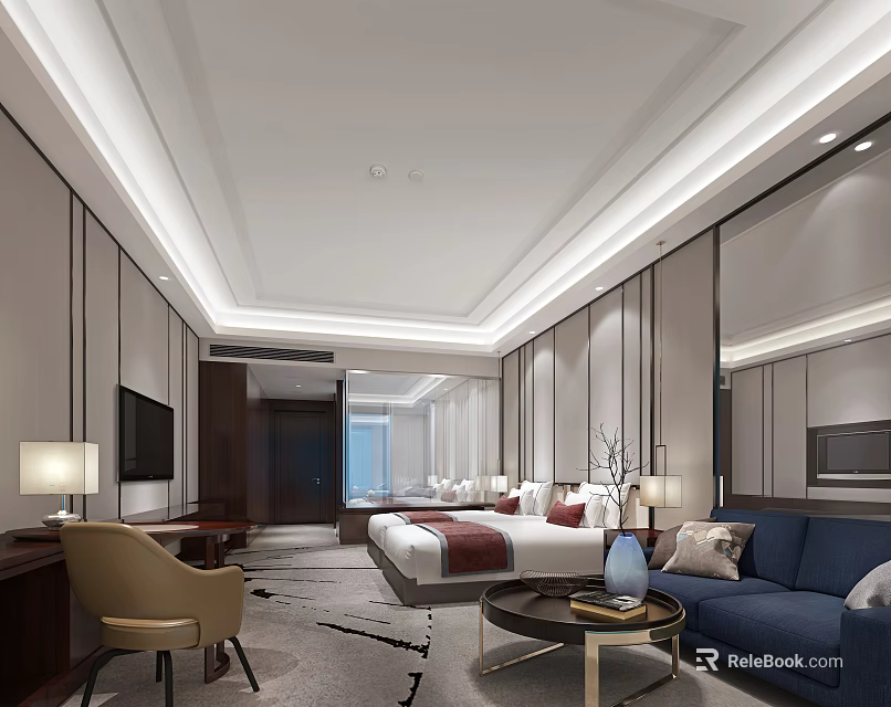 Modern Hotel Room Interior With King Bed Sofa Desk Large Window And Decorative Lighting 3d model