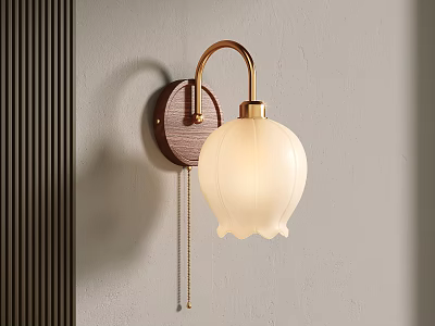 Elegant Golden Metal Wall Light with Wooden Base and White Petal Lampshade on Gray Wall 3d model