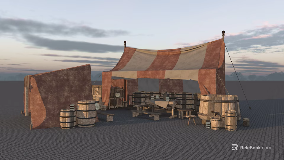 Outdoor Medieval Camp Setting With Striped Tent Wooden Barrels Stone Wall And Tables 3d model 