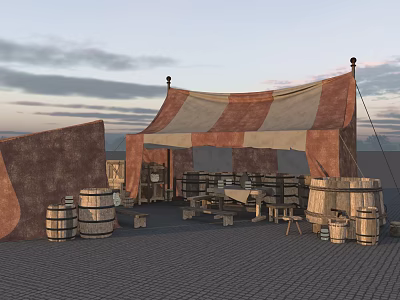 Outdoor Medieval Camp Setting With Striped Tent Wooden Barrels Stone Wall And Tables 3d model