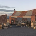 Outdoor Medieval Camp Setting With Striped Tent Wooden Barrels Stone Wall And Tables