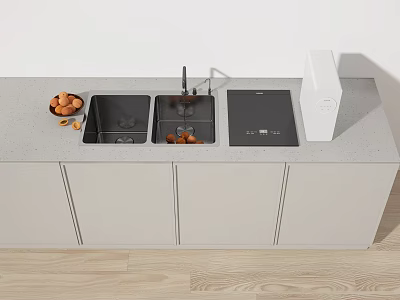 Modern Kitchen Countertop Featuring Double Bowl Sink Faucet Black Cooktop White Appliance and Light Cabinets 3d model