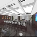 Modern Conference Room Interior With Circular Table White Chairs Large Screen Decorative Paintings Wooden Flooring