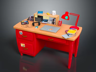 Red Functional Desk with Drawers Red Lamp Laptop Books Cup and Folders for Study 3d model