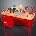 Red Functional Desk with Drawers Red Lamp Laptop Books Cup and Folders for Study