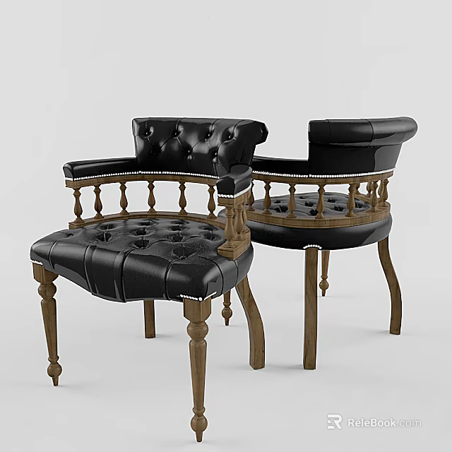 Classic Tufted Black Leather Dining Chairs With Wooden Frame And Armrests 3d model 