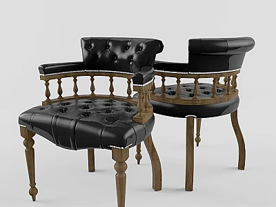Classic Tufted Black Leather Dining Chairs With Wooden Frame And Armrests 3d model