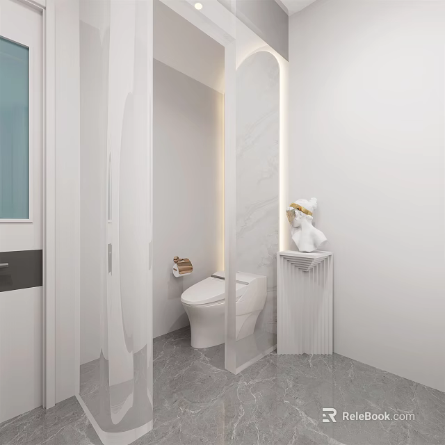 Modern Public Restroom Featuring White Toilet Marble Walls And Decorative Stand 3d model 