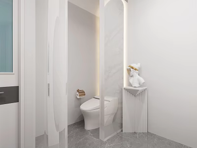 Modern Public Restroom Featuring White Toilet Marble Walls And Decorative Stand 3d model